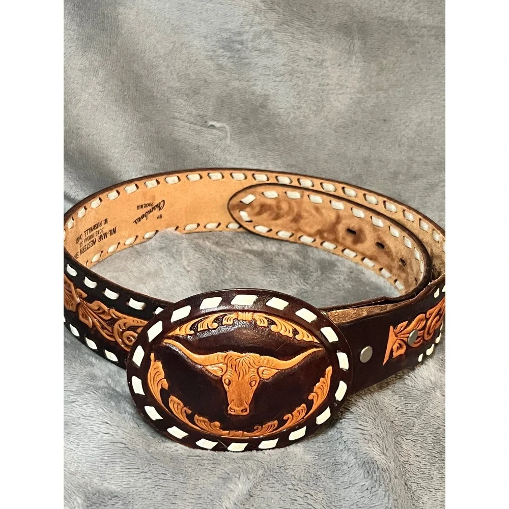 Vintage Chambers Phoenix 30 Tooled Leather Longhorn TILLY Western Belt Buckle